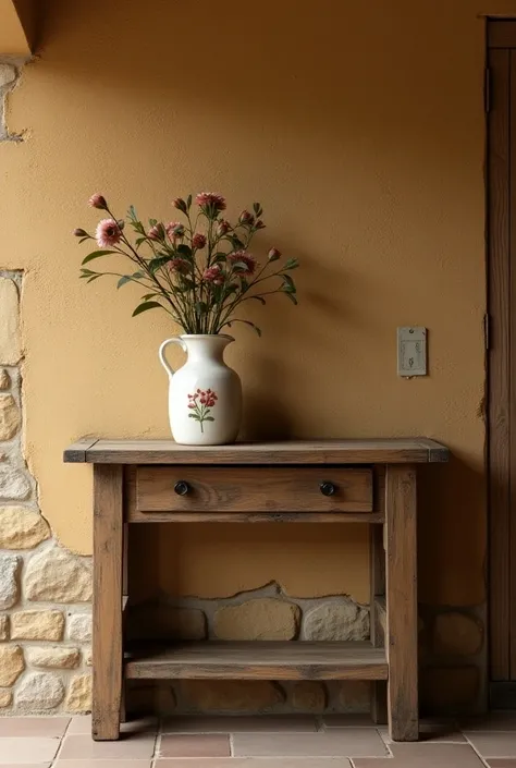 Create an image of a wall with a small table set against a flower jug, Northeast style