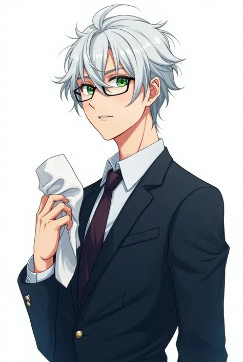 Handsome young man wearing glasses, white hair, silver, green eyes, wearing suit, anime drawing style, with washcloth, vampire, white background