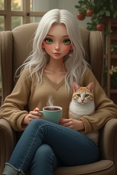 A girl with green eyes and long white hair is sitting on a chair, in a warm sweater and jeans, a cat is sitting on her lap and she. holding a cup of coffee, she has beautiful makeup and earrings on her ears