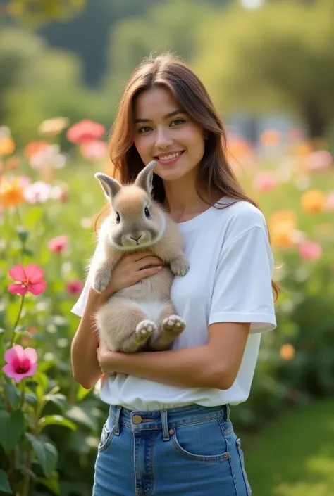 Realistic and real photo of a beautiful woman smiling .  Facing the front wearing a plain white t-shirt holding a bunny wearing a long skirt blue jeans medium standing with floral garden background with bright light ultra hd8k