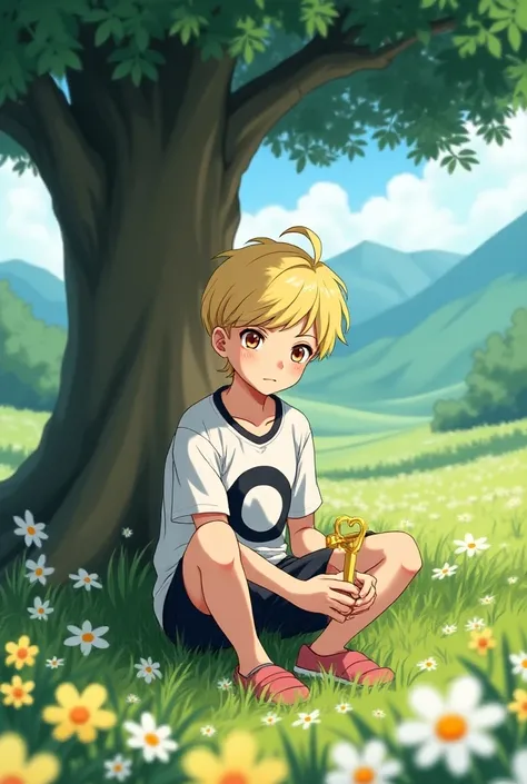  boy short golden hair half pulled to the side pink cheeks orange eyes white shirt with a black and white circle in the middle of it black shorts and pink shoes sitting in the shade of a large tree in a flower field with a light breeze and green mountains ...