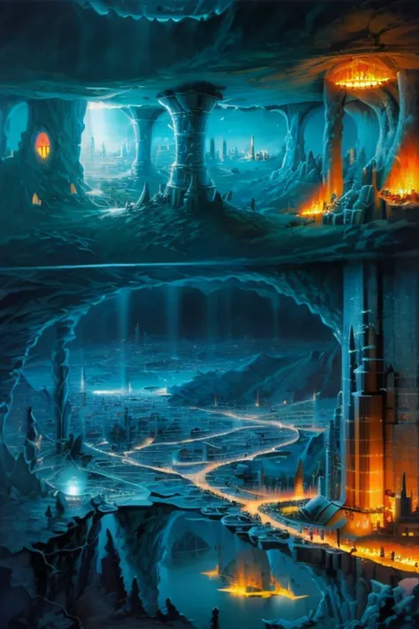 abstract art, ( surrealism ) a surreal scene an underworld, underground, underworld city, below ground. underground city, wide s...