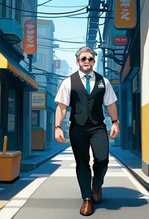 masterpiece, best quality, mature male, slick back hair, gray hair, (sunken cheeks), round sunglasses, trimmed beard, black vest, white shirt, black pants, groaning, sidewalk