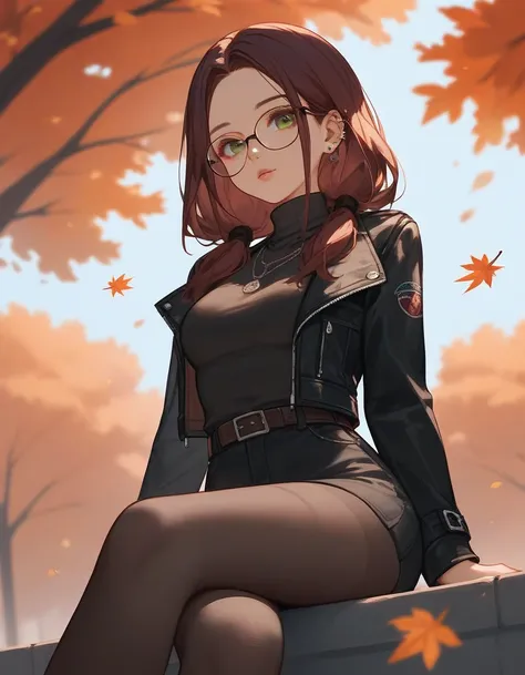 (close up), sitting, from below, score_9, score_8_up, score_7_up, score_6_up, score_5_up, score_4_up, 1 girl, burgundy hair, ((long hair)), oval glasses, two low ponytails, green eyes, black clothes, ((black Puffer Jackets)), look at viewer,  turtleneck, m...