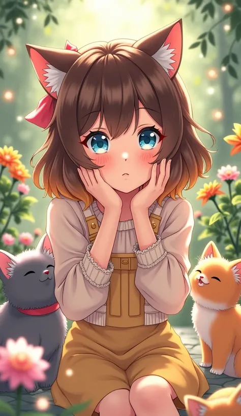 Anime style masterpiece , enchanting woman,  bright light blue eyes shining with innocence ,  rich brown hair elegantly ombre for vibrant blonde lower layers ,  adorable costume with pastel colors and cute accessories ,  soft fabric textures adding richnes...