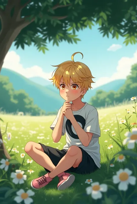  boy short gold-haired bangs half pulled to the side pink cheeks orange eyes white shirt with a black and white circle in the middle of it black shorts and pink shoes sitting in the shade of a large tree in a flower field with a light breeze and green moun...