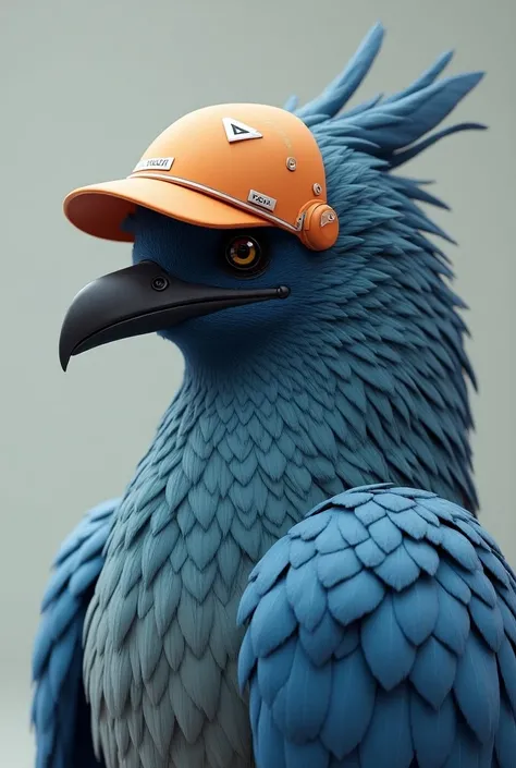 Top wing: a blue gray in 3D, cyan blue feathers and a thin tuft and part of the dark blue head, a black beak and uniform orange helmet with white details