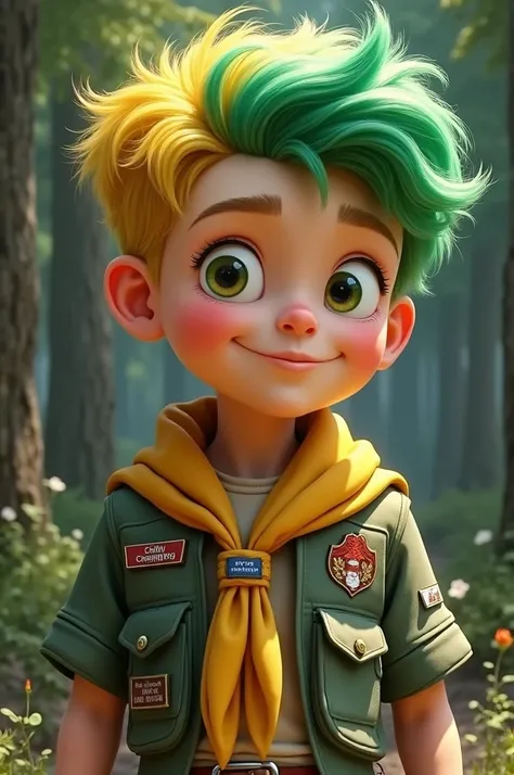  Create a Boy Scout with yellow hair with a green lock, The color of the scas gray , yellow and green 