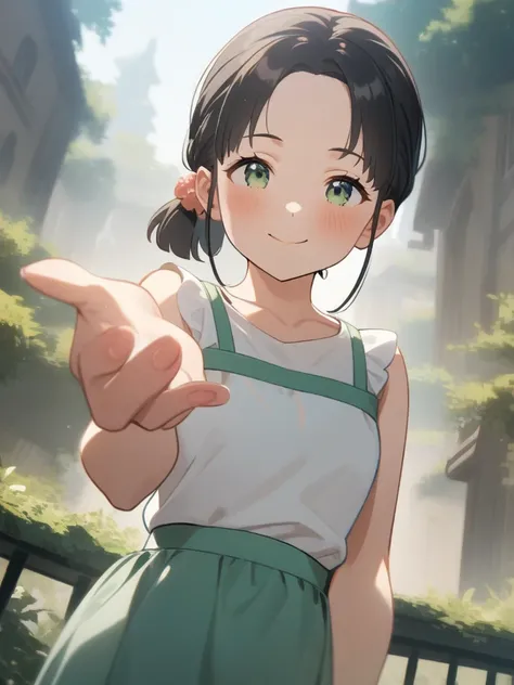 masterpiece, best quality, very aesthetic:, absurdres, (detailed background), [realistic style: anime style:0.2], intricate, (cowboy shot), soft line,

1young girl, cute, grayish green eyes, (tareme), (petite body), forehead, low ponytail, short hair, blac...