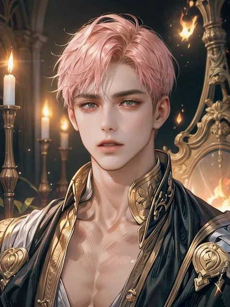 a highly detailed portrait of a man with short pink hair, honey brown eyes, extremely detailed face, beautiful detailed eyes, beautiful detailed lips, slight tan skin, wearing a knights training clothes, flames coming from his hands, cinematic lighting, dr...