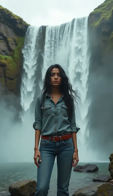 . It has distinctive details in high resolution, of an Arab woman wearing jeans with a red leather belt and a buttoned shirt. Sorry about the waterfall, she has a long black hair wet with water. She tries to dry her hair. The water is strong, creating a cl...