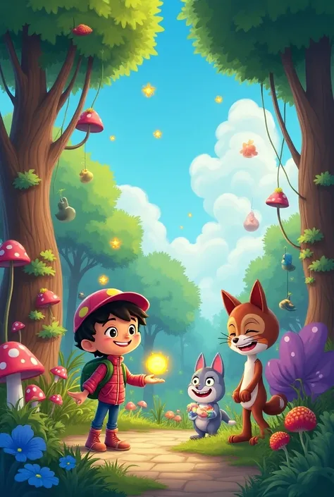 The cartoon is set in a vibrant, whimsical town filled with colorful characters and magical elements. Ramu often goes on adventures in the nearby enchanted forest, where he encounters talking animals and fantastical creatures.Illustrate their bond by descr...