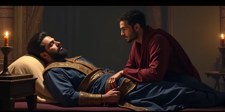 From a slight distance, the scene shows the 30-year-old Emperor Akbar, dressed in deep blue royal attire with a black beard, lying down inside his chamber. His 25-year-old son, Salim, sits beside him, dressed in a dark red outfit. The moment is quiet and r...