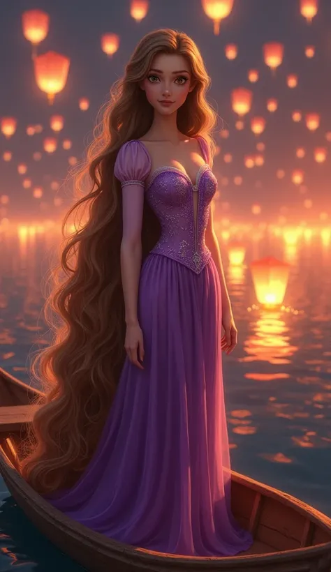 Style Drawing of a beautiful woman EUROPEAN FEATURES of very long brown hair and 
Brown eyes , with a purple Rapunzel dress costume, While she is standing wood in the sky a lot of floating lanterns like the movie Rapunzel straightened INSIDE a boat on one ...