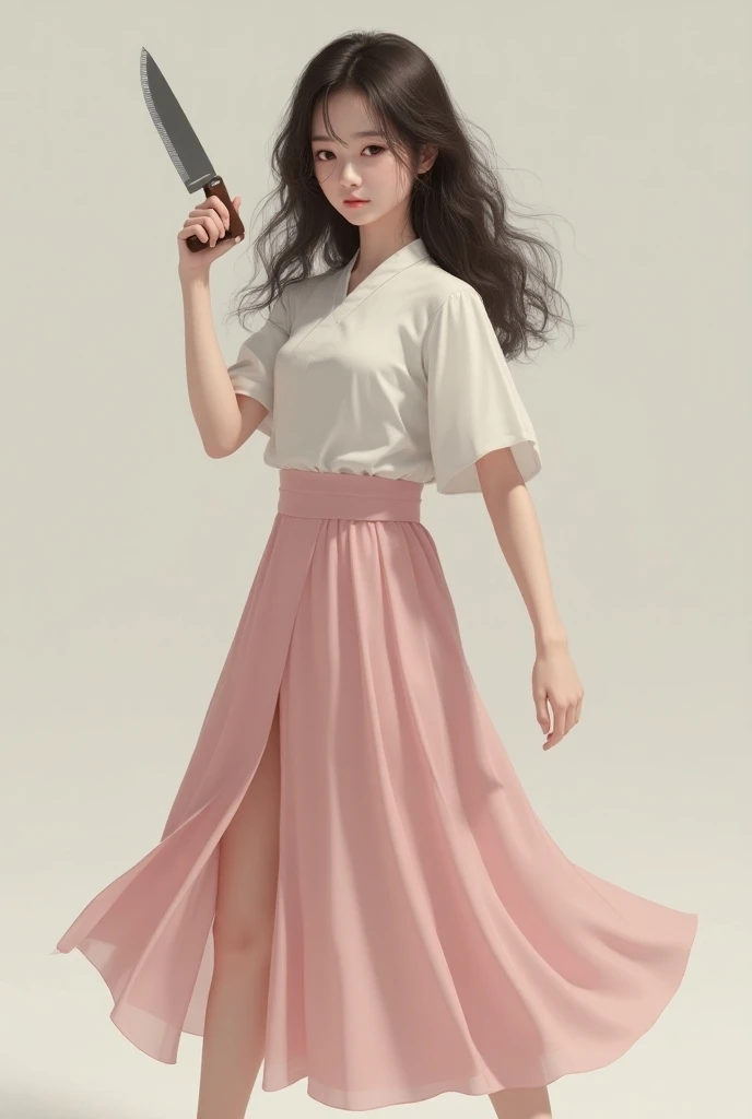 Light-skinned woman with brown eyes and wavy black hair is wearing a white top short coat Pink Korean skirt White light gray socks and white shoes with a knife in her hand