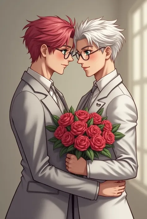 A photo of a male couple is posting a pose. The left man with pink hair, yellow eyes, short long hair wearing glasses, the right man with white hair, green eyes wearing glasses, wearing a silver-white suit and a bouquet of roses in the hands of the man on ...