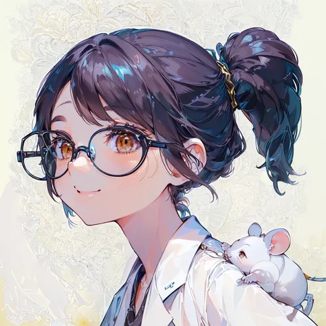 ((masterpiece，Best Quality， extremely complex and exquisite detail ，Smiling woman wearing black rimmed glasses 、 on the shoulder wearing a white experimental coat {x} short ponytail girl tied to a telephone cord，Brown Eyes，A white mouse ， with a white mous...