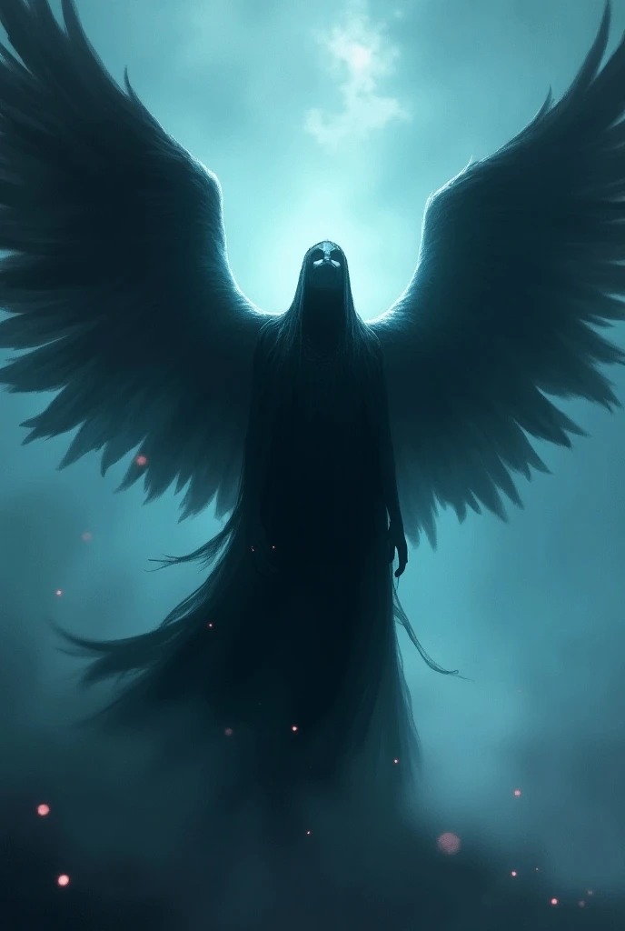 Striking illustration of the Angel of Death., A mysterious and ethereal figure who guards the threshold between life and death.. His presence is enigmatic and powerful...., con alas inmensas que se extienden hacia el horizonte y una mirada penetrante que t...