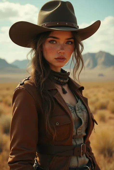 Hyperrealistic 1girl in Wild West clothing, fantasy art,  photorealistic,  Dynamic lighting , art station,   Highly detailed face , 4K, Award Winning,