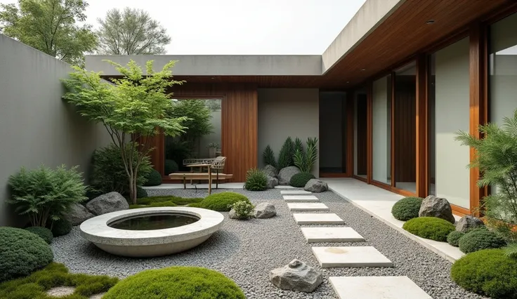 Create a serene Japanese-inspired garden designed for a small, compact space in a Mexican home. The garden should emphasize minimalism, using essential elements like a simple stone path, a few carefully placed rocks, and low-maintenance plants such as moss...