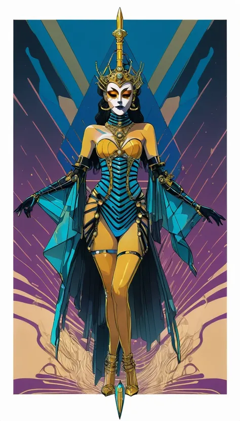 ( High quality , Ultra-detail, carefully with your hand )tarot card, chiaroscuro technique on sensual illustration of an queen of sword, a teenage fashion model wearing an exo-skeleton mask, vibrant colors, futuristic cyberpunk style, intricate details, ci...