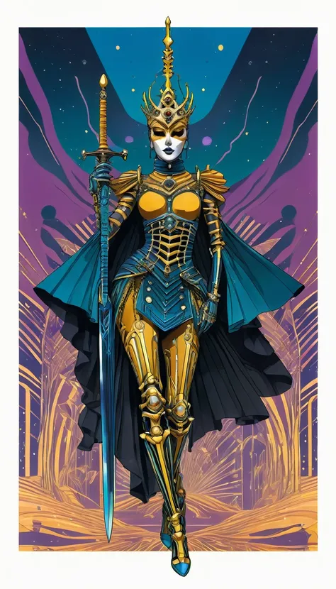 ( High quality , Ultra-detail, carefully with your hand )tarot card, chiaroscuro technique on sensual illustration of an queen of sword, a teenage fashion model wearing an exo-skeleton mask, vibrant colors, futuristic cyberpunk style, intricate details, ci...