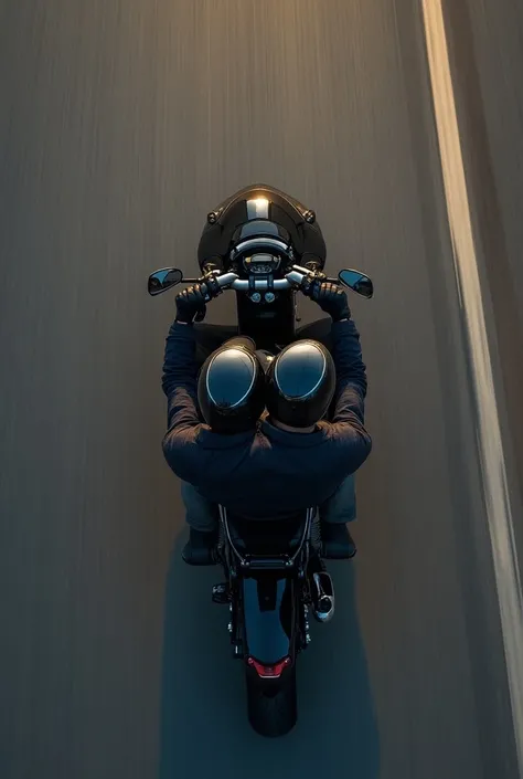  Create an image seen from above , captured by a drone , of two people riding a single motorcycle .  The image must be exactly above the bikers,  focusing only on passengers and the motorcycle,  with no landscapes or surrounding elements .  People are wear...