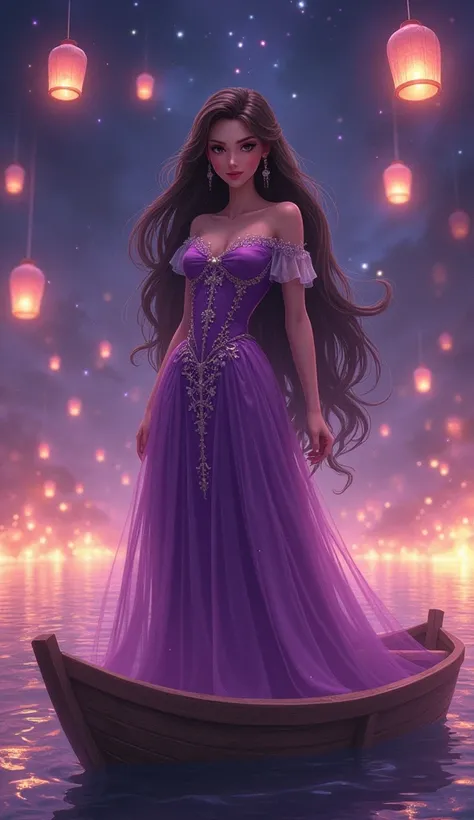 Style Drawing of a beautiful woman EUROPEAN FEATURES with very long DARK BROWN hair and 
Brown eyes, with a purple Rapunzel dress costume, While she is standing wood in the sky a lot of floating lanterns like the movie Rapunzel straightened INSIDE a boat o...