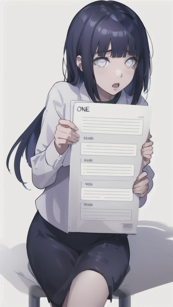 One Girl,、        simple white background,     shortcuts ,   Wear a skirt 、    Open your mouth    、panic、Stack of documents、Work on PC、