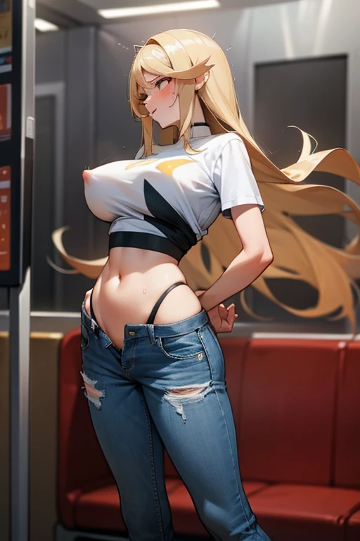 Mythra Hikari, long blonde hair, revealing crop-top shirt, sexy denim jeans, sneakers, train scene, standing leaning to the side, perverted and aroused expression, moaning in a loud cry of excitement, low jeans showing more of her body, crop-top shirt shor...