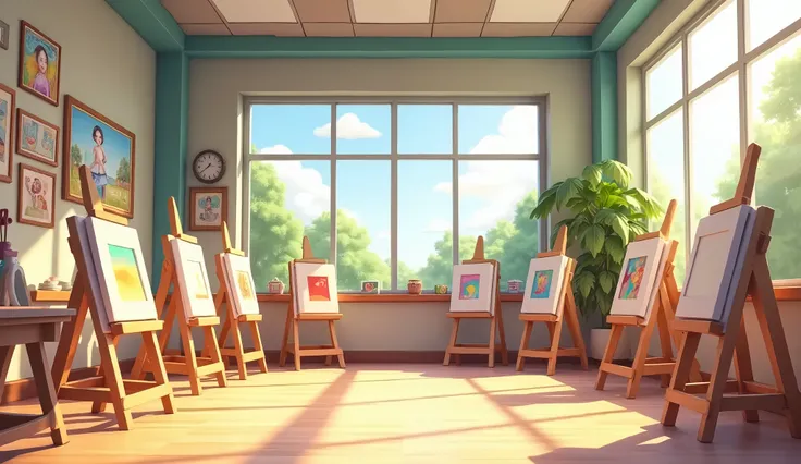 The art classroom is spacious, with easels, paintings, and photos, and it is empty, in a 3D chibi cartoon style.