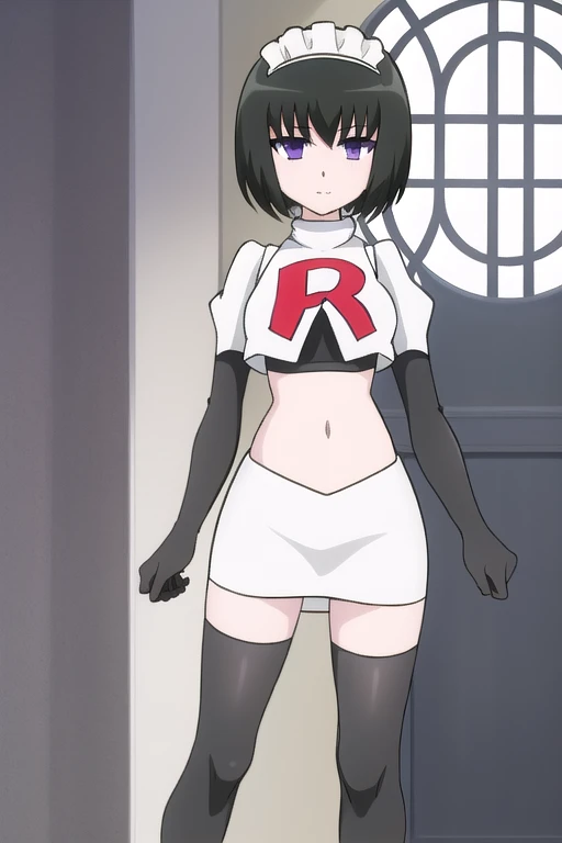 lapis , solo, breasts, looking_at_viewer, short_hair, bangs, blue_eyes, black_hair, purple_eyes, small_breasts, maid_headdress, bob_cut, team rocket,team rocket uniform,white skirt,red letter R,crop top,black thigh-highs,black elbow gloves