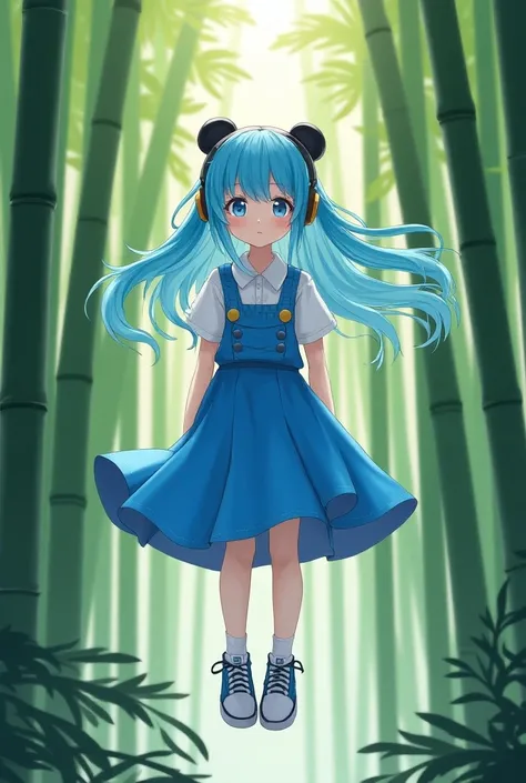 A girl with long cyan blue hair, blue eyes and a panda headset wearing a white blouse and a skirt, blue jumpsuit, half blue with white and blue sneakers on a bamboo forest background