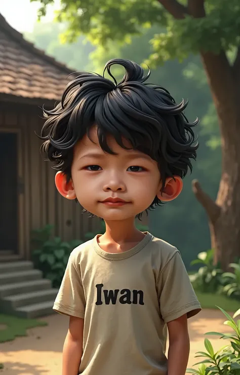 "Create a hyper-realistic, full HD, 8K image of a  boy named Iwan from Belitung. Iwan has wavy black hair, and he is wearing a t-shirt with IWAN written on it. He stands in front of a traditional raised house with a shingle roof, wooden plank walls, and a ...