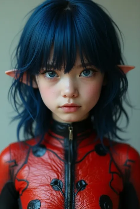 A dark blue-haired teenager with fair skin dark blue eyes in ladybug jumpsuit 