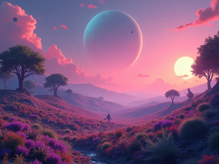 landscape on a strange alien planet, two suns, atmospheric colors, fields, trees in the background, dense foliage, animals, picturesque, Photo, Synthwave