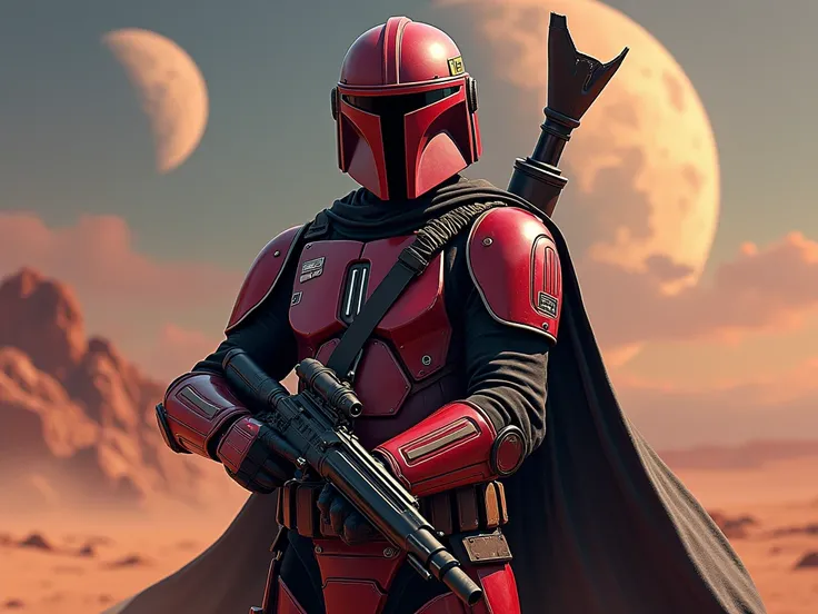 realistic, very detailed, science-fiction, masterpiece, a mandalorian commando from star wars with a jetpack and blaster drawn, armor in shades of red and black, epic background with 2 moons in the sky