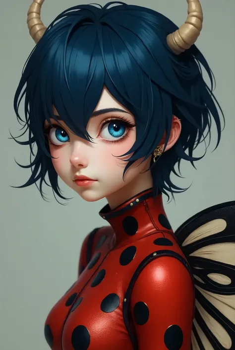 A dark blue-haired teenager with fair skin dark blue eyes in ladybug jumpsuit 