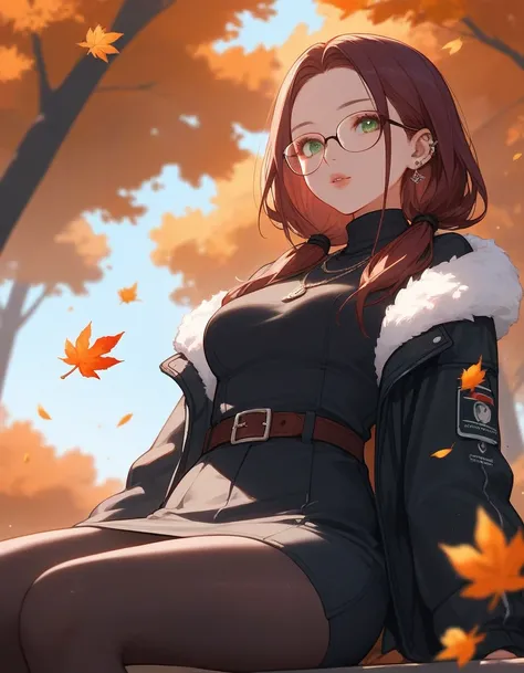 (close up), sitting, from below, score_9, score_8_up, score_7_up, score_6_up, score_5_up, score_4_up, 1 girl, burgundy hair, ((long hair)), oval glasses, two low ponytails, green eyes, black clothes, ((black winter Jackets)), look at viewer,  turtleneck, m...