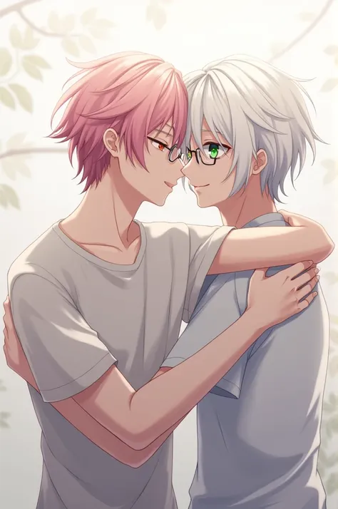 Figure of a couple of men lying hugging each other, the left man pink hair, yellow eyes, short long hair, wearing glasses, the right man, white hair, green eyes, wearing glasses, anime style