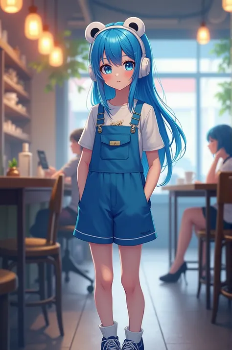 A girl with long cyan blue hair blue eyes and a panda headset wearing a white blouse and a skirt blue jumpsuit half blue with white and blue sneakers on a coffee shop background