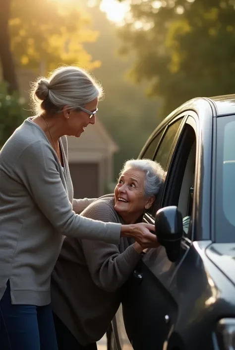 Create an image of a woman placing another woman in the car during the day