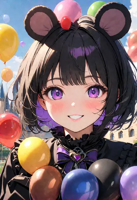 {worst quality, low-quality}, ((Close-up)), ((face focus)), ((Kemonomimi girl with black bear ears:1.2)), Alone, ((Black hair short:1.3)), plump and glossy lips, (Beautiful purple eyes:1.3), spoken word heart, (best smile), (Cute Pose:1.2), ((Gothic lolita...