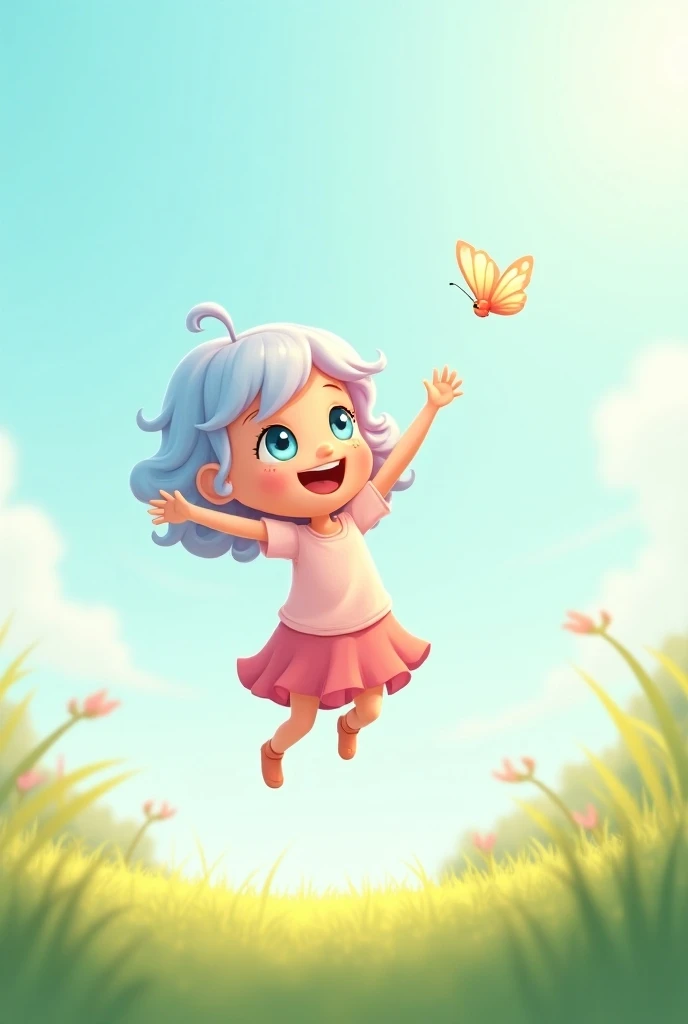 girl of an adorable jumping to catch a butterfly break, cute 1girl, solo, (happy smile:1.2), round face, light blue eyes, short bob cut, wavy hair, (light blue hair, multicolored light pink hair:1.2), 