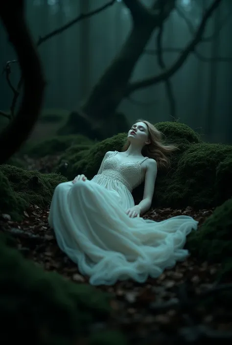 The soul of a woman, a beautiful girl is sleeping in the forest, the conditions of the forest are a terrible forest, dark evenings, horror genre. Full​ body