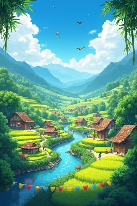 A vibrant and colorful small village with lushvillage with lush green rice fields, bamboo groves, and a calm river flowing by. The atmosphere is calm, featuring a bright blue sky with birds flying overhead.