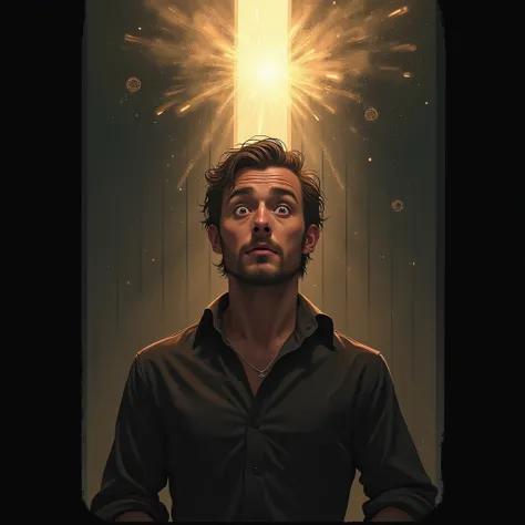  Person with a surprised expression and wide eyes , looking slightly to the right .  Dark background with an explosion of light or rays , creating a dramatic look.  A half-open door emanates intense light , symbolizing a discovery .  Subtle elements from o...