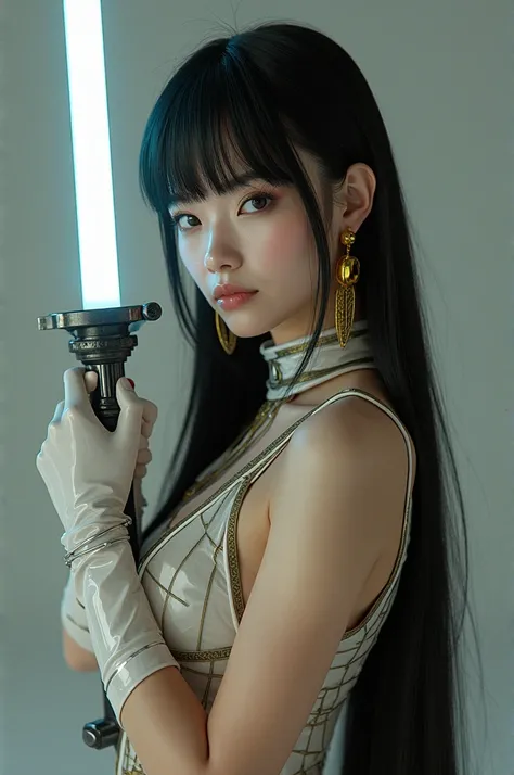 (Melhor qualidade,8k:1.2, high resolution :1.2),ultra-detailed,realistic, womens space science ,long straight black hair,fringe,extremely detailed face,long eyelashes, holding a medieval light sabre , all transparent truth clear nylon tights Open, transpar...