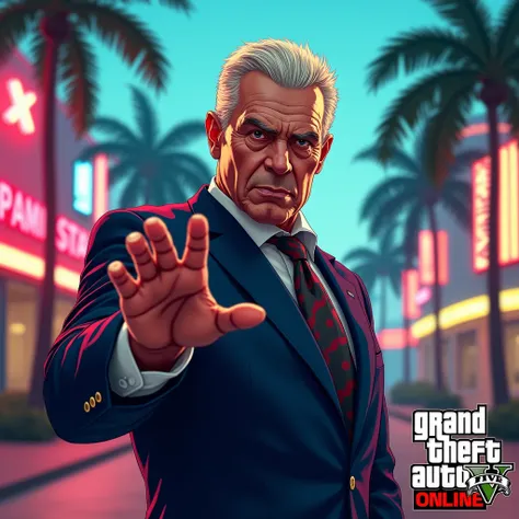 Create an image,  a president-style man of the United States , old white and blond man ,  with dark blue suit,  an authoritative and greedy face , Grand Theft Auto V style V ,  pointing his hand at the screen , In the background the logo of the game develo...