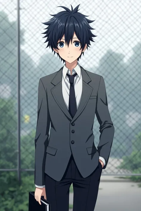  create an illustration of a male Japanese anime or manga character .  The character is standing in front of a chain-link fence with diamond-shaped patterns , suggesting an outdoor environment,  possibly a schoolyard ,  given the uniform they are wearing ....